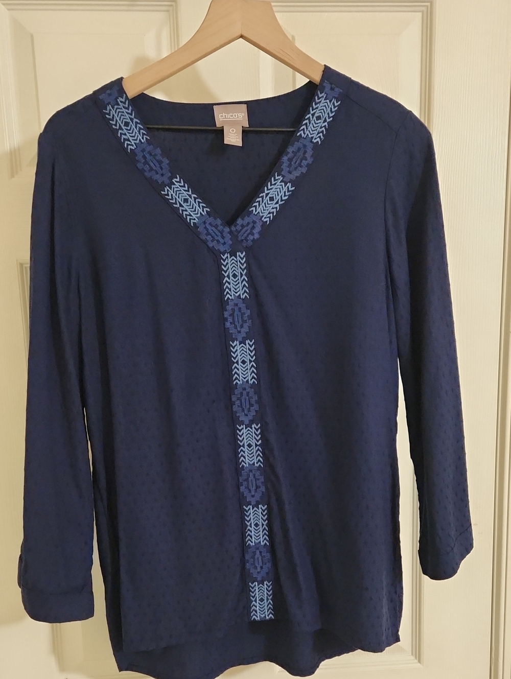 Chico's Navy V-Neck Tunic with Light Blue Embroidered Trim